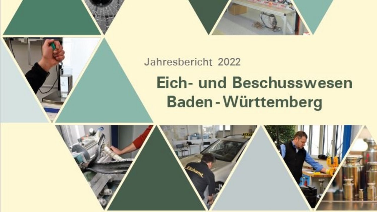 Titelseite des EBBW Jahresberichts 2022; man sieht bunte Dreiecke; in manchen sind Bilder zum Thema Eich- und Beschusswesen zu sehen