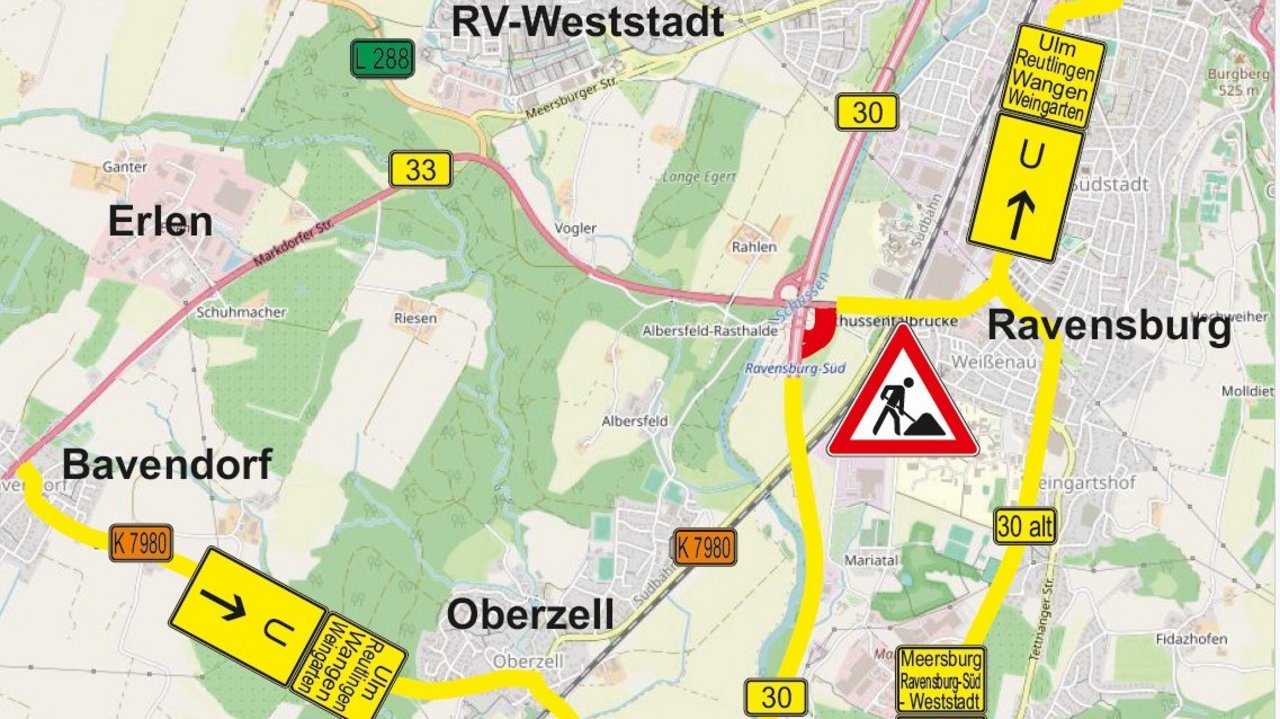 Das Foto zeigt die Umleitungsskizze B 33 zu den Instandsetzungsarbeiten am Schussentalviadukt bei Ravensburg