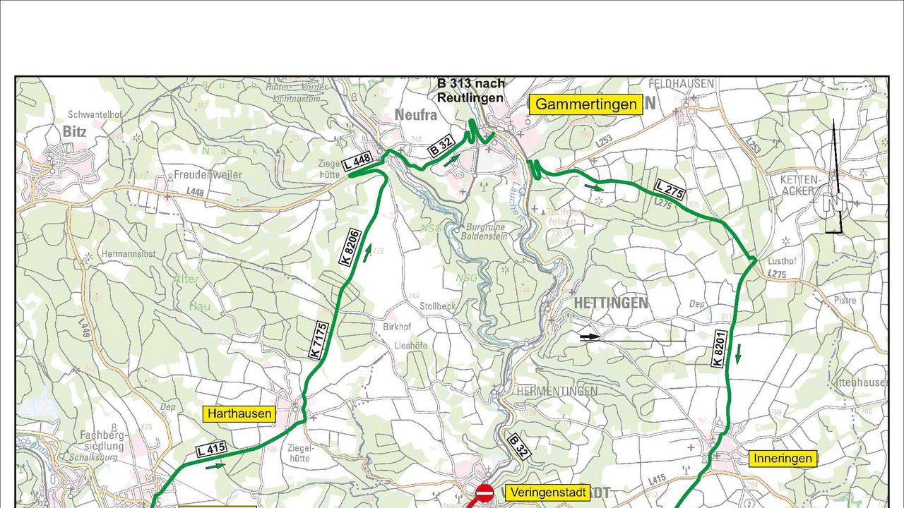 Die Karte zeigt B 32 gesperrter Abschnitt zwischen Veringenstadt und Veringendorf