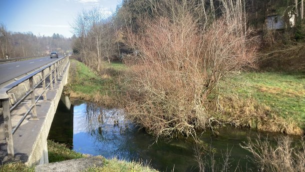 Ein Fluss, der am linken Bildrand von einer Straßenbrücke überspannt wird.