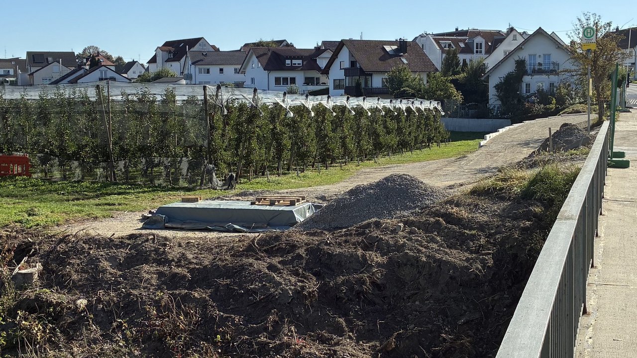 Das Foto zeigt vorbereitende Maßnahmen für den Behelfssteg neben der Brücke über die Schussen in Brochenzell. Links sieht man ein Hopfenfeld und im Hintergrund Wohngebäude von Brochenzell