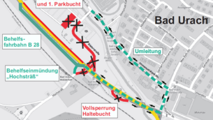 Phase 1: Vrsl. ab Mitte Mai bis Ende 2025/Anfang 2026 wird die B 28 zeitweise auf einer Behelfsfahrbahn geführt. Ein Plan, der die Umleitungsstrecke während der Phase 1 zeigt.