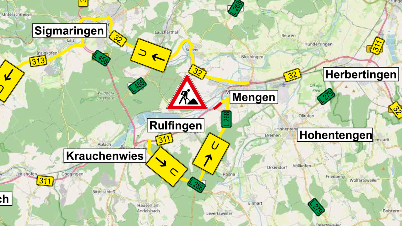 Es handelt sich um die Umleitungsskizze Fahrbahnerneuerung vom Gewerbegebiet am Obereschring bis zum Kreisverkehr B 311 / Meßkircher Straße.