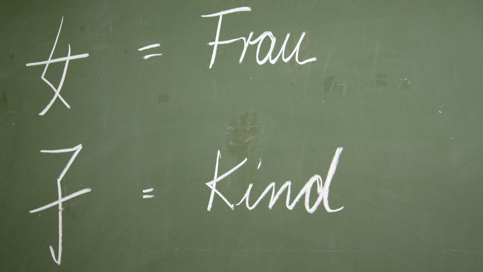 Chinesische Schriftzeichen für Frau und Kind auf einer Tafel