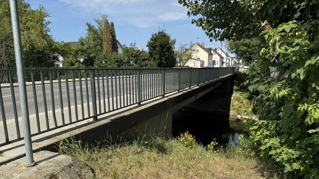 Das Bild zeigt die Brücke leicht von der Seite. Im Hintergrund eine Häuserreihe.