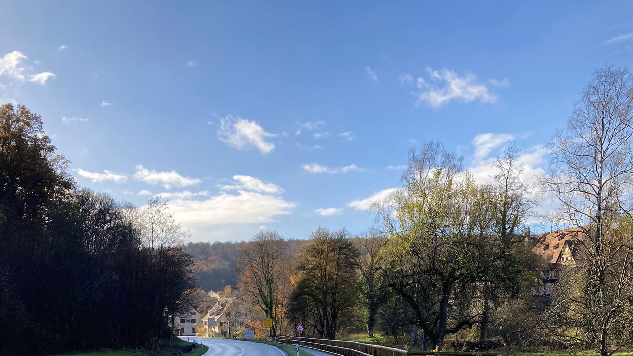 Das Bild zeigt die L 1208 zwischen Lustnau und Bebenhausen mit angrenzendem Radweg; links und rechts Bäume; Ampelschild; Grünstreifen; Häuser rechts und im Hintergrund