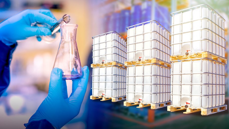 Chemikaliensicherheit Hand hält Glas, im Hintergrund Paletten mit Boxen