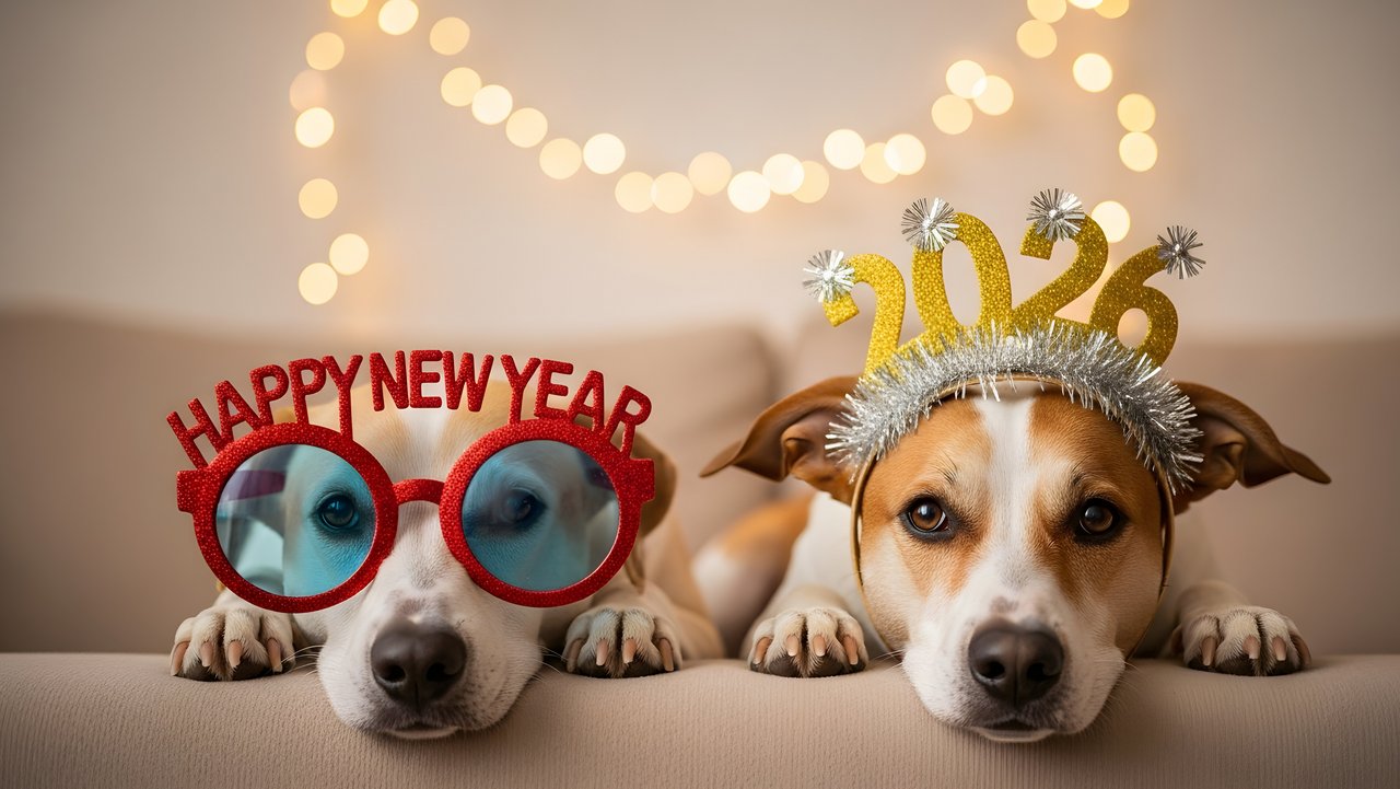 Zwie Hunde mit Brillen und einem Neujahrschriftzug blicken in die Kamera