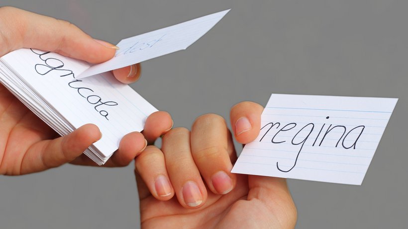 Hände halten Karteikärtchen zum Lateinvokabeln lernen