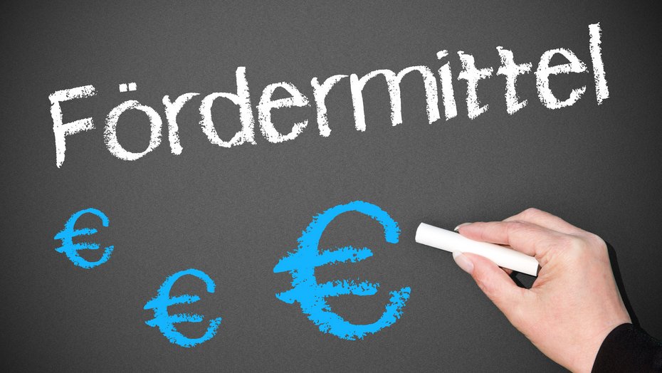 Fördermittel - Tafel mit Schriftzug und € Schwarze Tafel mit Kreide beschrieben: Fördermittel und €