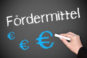 Schwarze Tafel mit Kreide beschrieben: Fördermittel und €