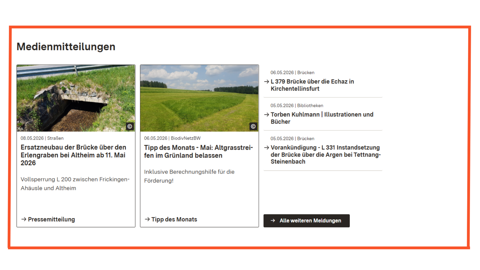Der Screenshot zeigt wie News angeordnet sind, als zei Teaserelemente und eine Linkliste