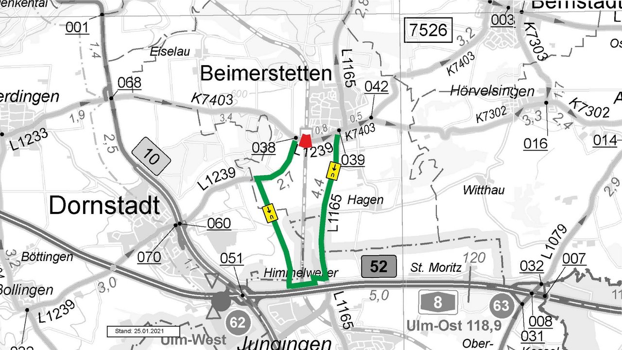 Umleitungsskizze zur Maßnahme L 1239 - Bahnbrücke Beimerstetten; Umleitung ist grün eingezeichnet