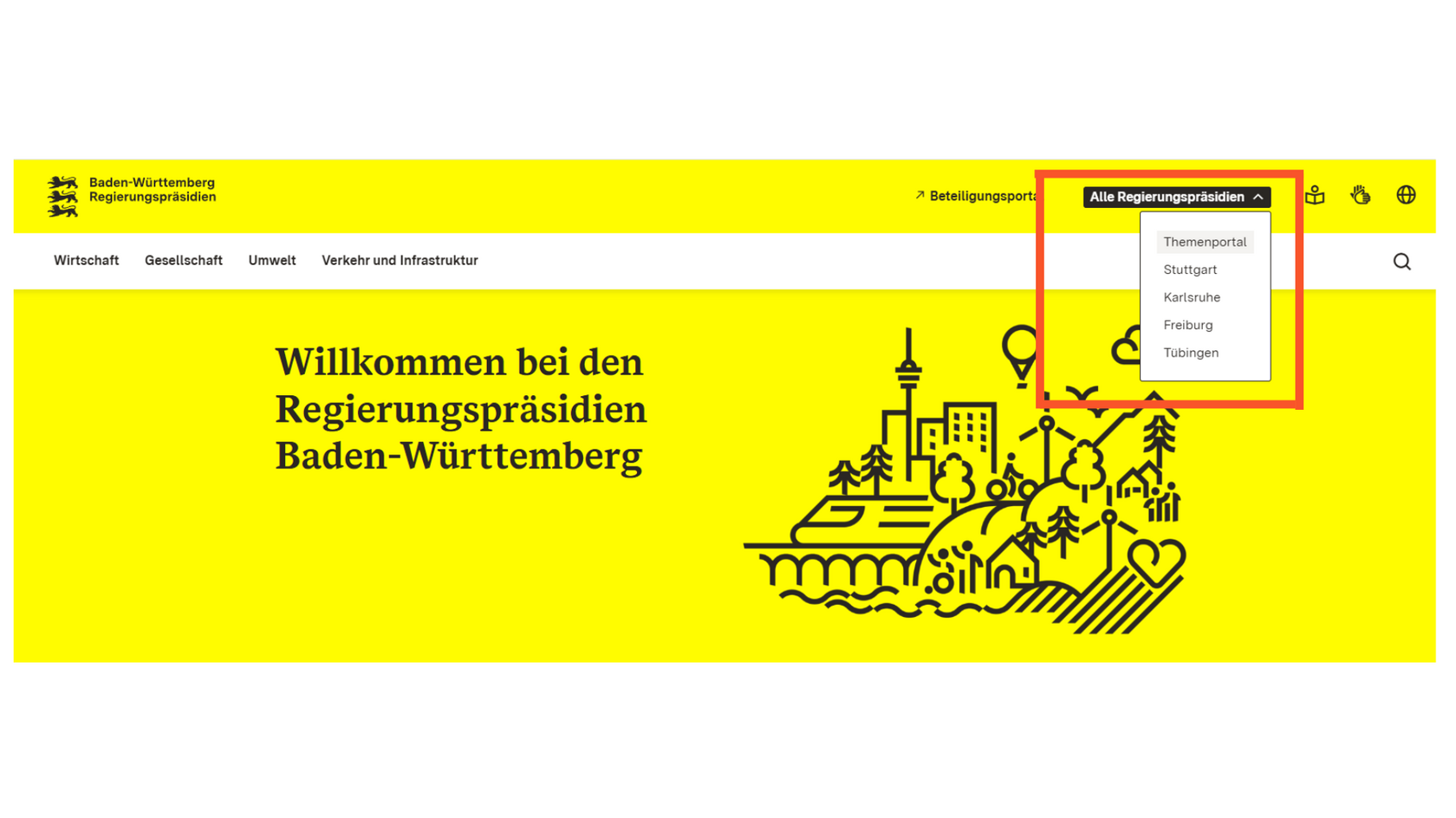 Der Screenshot zeigt das Auswahlmenü für die Regierungspräsidien