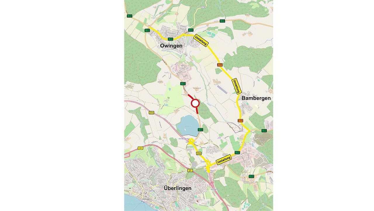 Das Foto zeigt den Übersichtsplan L 195 RW Andelshofen - Owingen mit eingezeichneten Umleitungsstrecken