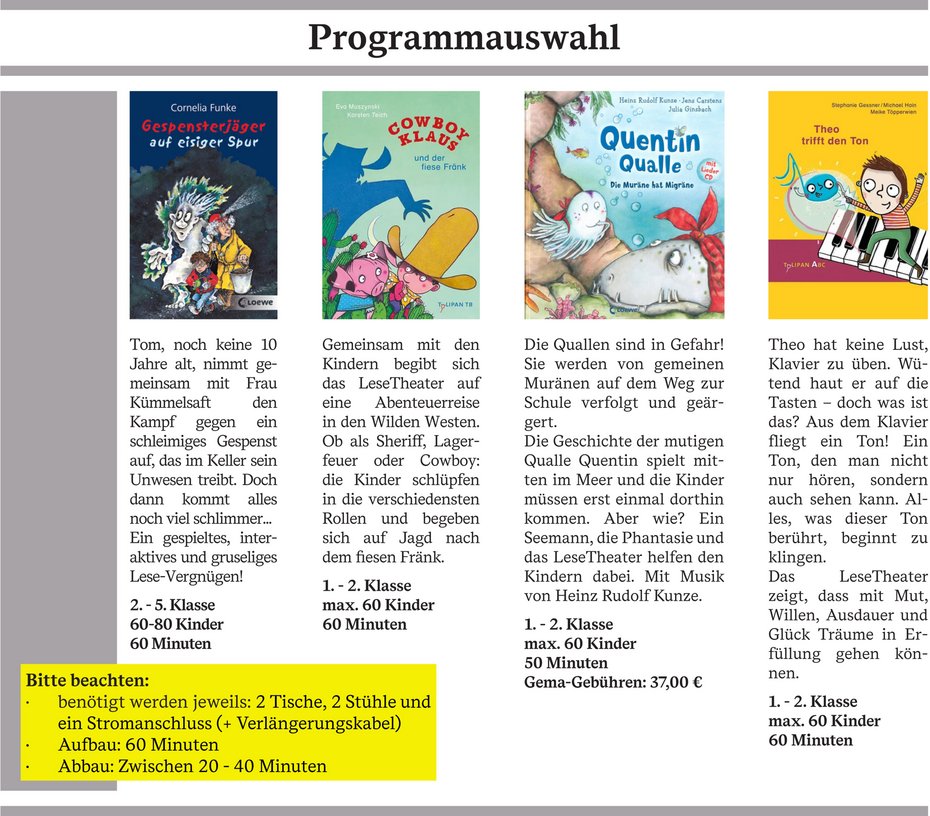 Auszug aus der Programmseite der Veranstaltungsreise 2026 mit dem LeseTheater Michael Hain