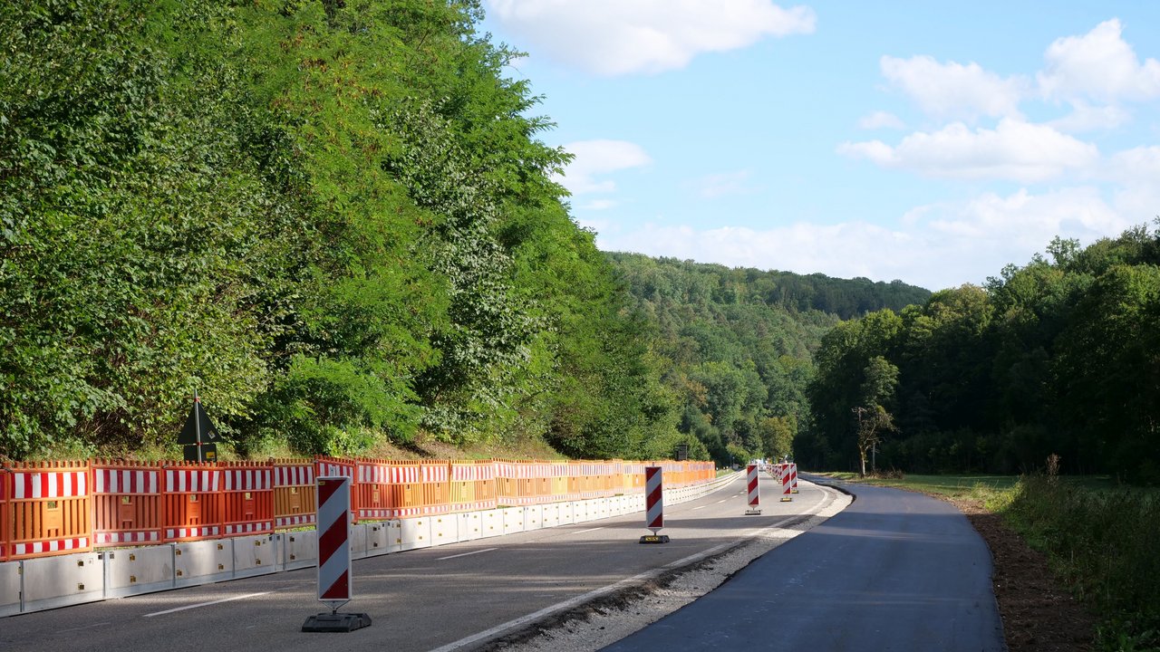 Das Bild zeigt eine Straße, die durch einen Wald führt, die einspurig neu asphaltiert wurde; Leitbaken