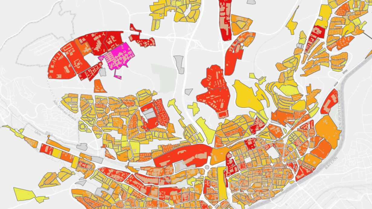 Eine Karte zeigt die kommunale Wärmeplanung der Stadt Ulm