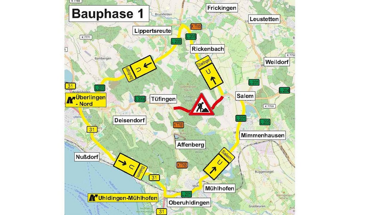 Das Foto zeigt die Umleitungsübersicht L 200a Tüfingen - Salem | Bauphase 1