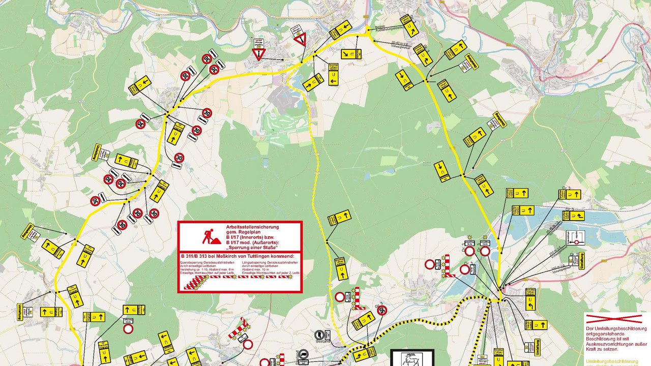Das Bild zeigt die Umleitungsskizze B 313 - Erhaltungsmaßnahme zwischen Messkirch-Menningen und Krauchenwies