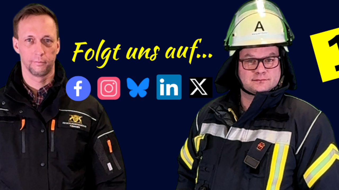 Zwei ehrenamtliche Rettungskräfte blicken entschlossen in die Kamera. Darüber liest man: Folge uns auf...daruntersind die Icons von Facebook, Insta, Linkedin, Bluesky und X.eute schon in die sozialen medien geblickt?"