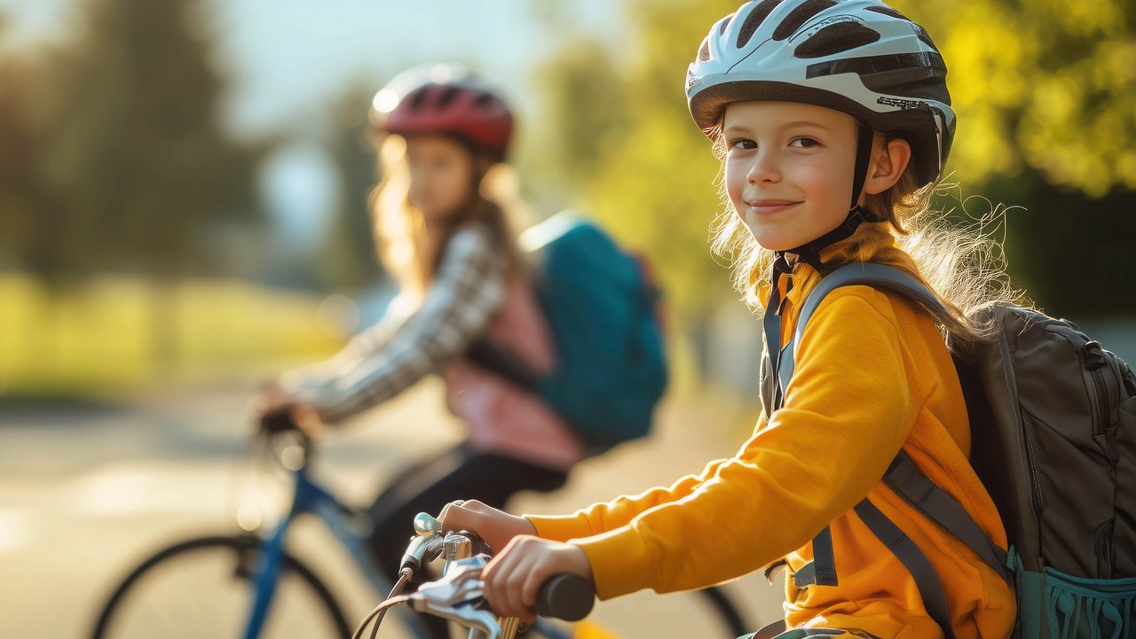 zwei Schüler auf dem Weg zur Schule mit dem Fahrrad