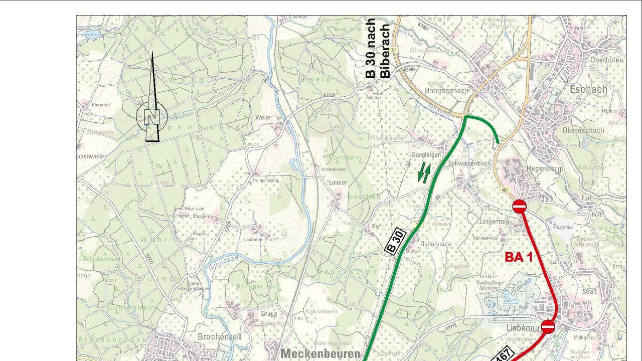 Das Foto zeigt den Umleitungsplan B 467 Fahrbahndeckenerneuerung Tettnang - Hegenberg