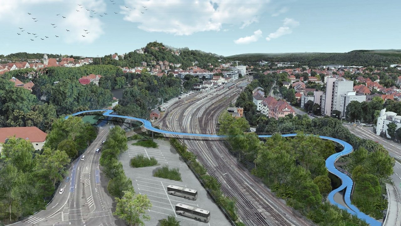 Das Bild zeigt eine Visualisierung der Neuen Radbrücke West in Tübingen