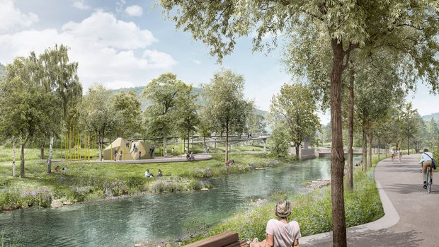 Visualisierung Gartenschau Bad Urach Eine Frau sitzt entspannt auf einer Bank an einem kleinen Fluss. Um Sie herum stehen viele Bäume, im Hintergrund ist ein kleines Stück einer Fußgängerbrücke zu erkennen.