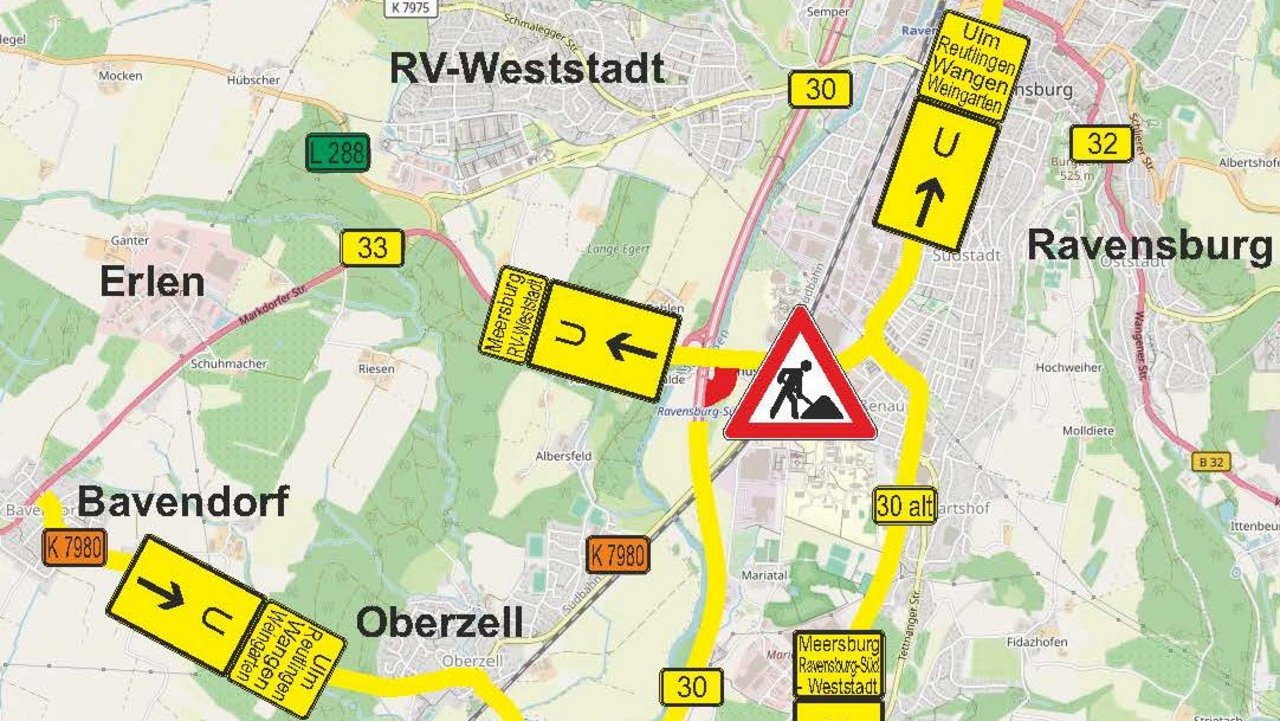 Das Foto zeigt die Umleitungsskizze für Instandsetzungsarbeiten am Schussentalviadukt