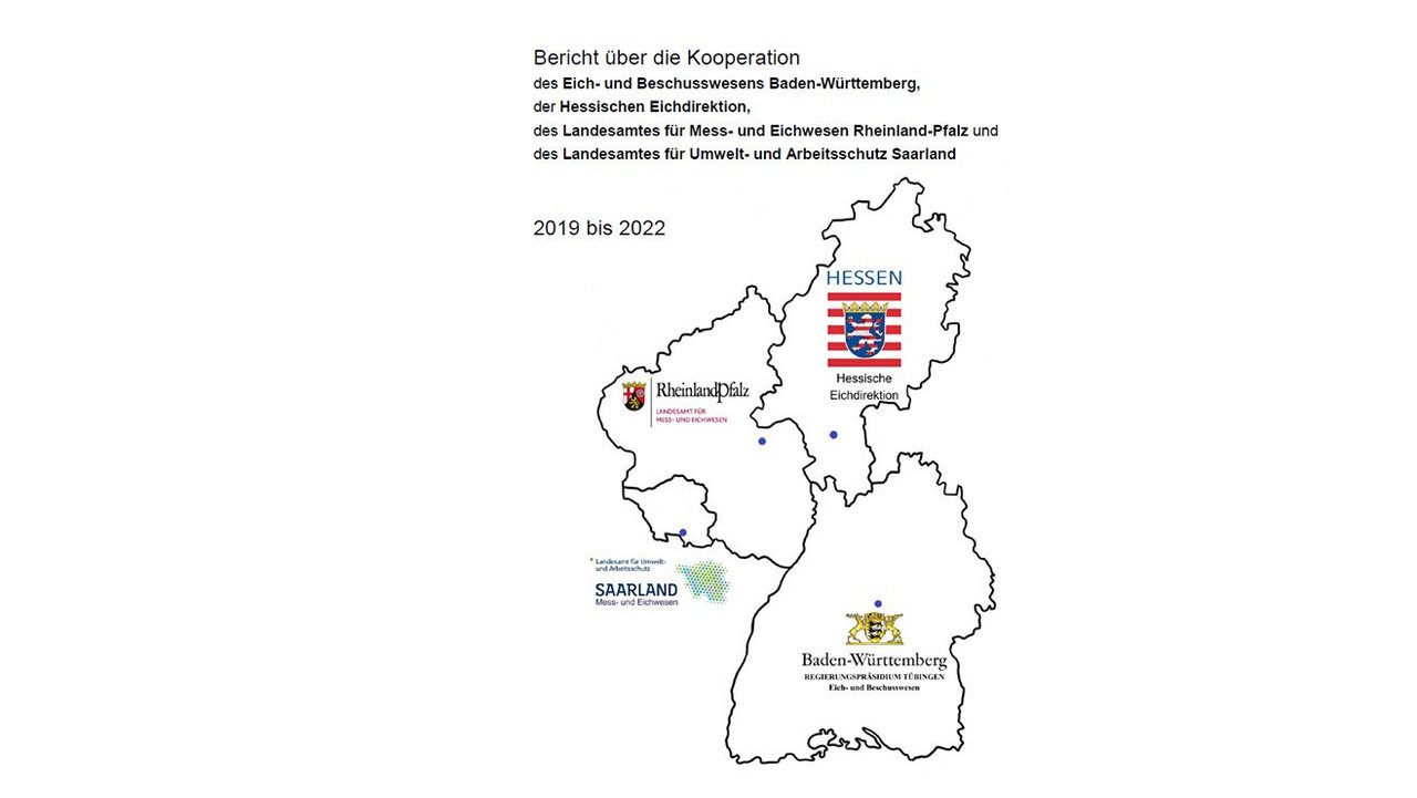 Das Foto zeigt eine Karte bei der die Umrisse von Baden-Württemberg, Rheinland-Pfalz Hessen und am Rande das Saarland und die jeweiligen Wappen abgebildet sind