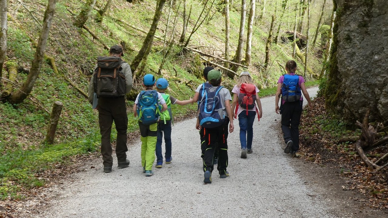 Das Foto zeigt einen Ranger der mit sechs Kindern mit Rucksäcken auf einem Weg im Wald wandert