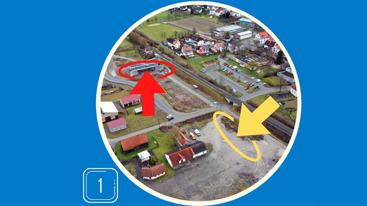 Baustelle B 28 bei Kiebingen mit Kennzeichnung des Regenrückhaltebeckens und der Brücke