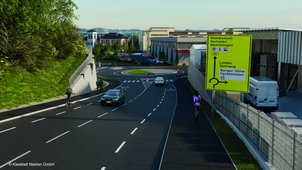 3D-Visualisierung der zukünftigen Strecke. Die B 32 läuft auf einen Kreisverkehr zu, rechts neben der Straße steht ein Hinweisschild, dass die Ausfahrten am Kreisverkehr ankündigt. 