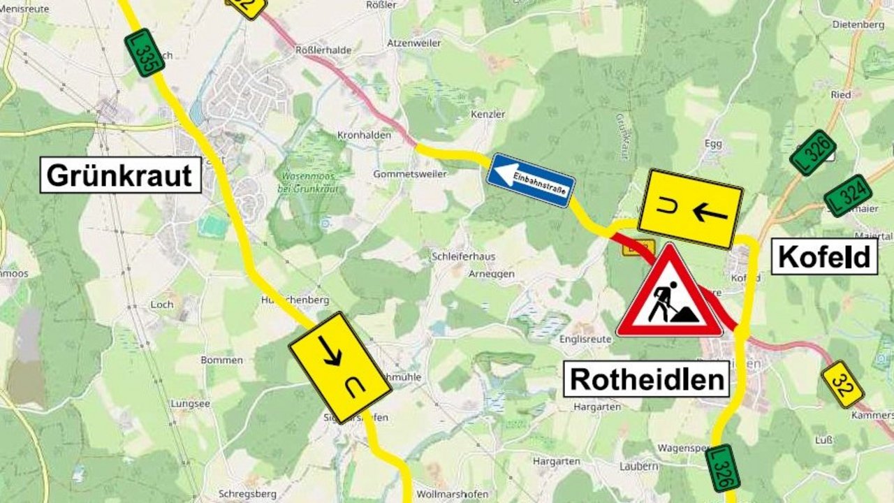 Umleitungsskizze bezüglich B 32 Straßenbauarbeiten zwischen Grünkraut-Eggwald und Bodnegg-Rotheidlen