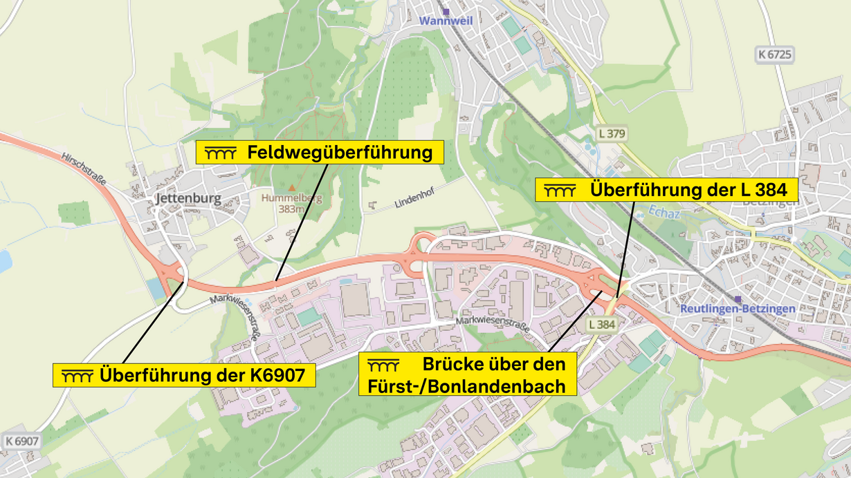 Eine Karte der B 28 bei Reutlingen, auf der die Brücken "Überführung der K 6902", Feldwegüberführung bei Jettenburg, "Brücke über den Fürst-/Bonlandenbach" und "Überführung der L 384" markiert sind.