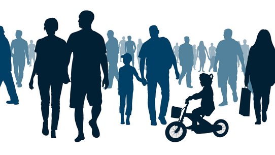 Symbolbild Menschen | Gesellschaft - schwarz blaue Shilouetten, die Menschen verschiedenen Alters beim Spazieren über einen öffentlichen Platz zeigen