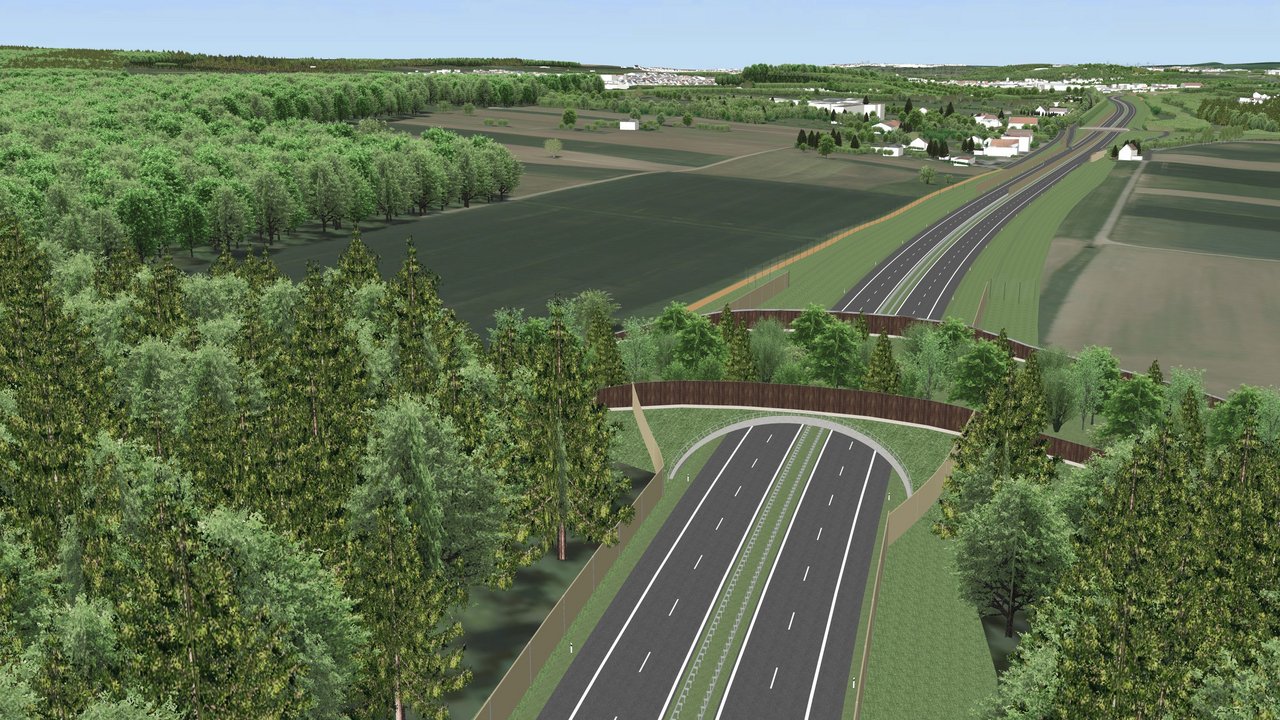 3D-Visualisieurng einer Straße, über die eine Grünbrücke verläuft. Die Grünbrücke verbindet zwei Waldstreifen auf beiden Seiten der Straße und ist dicht bewachsen.