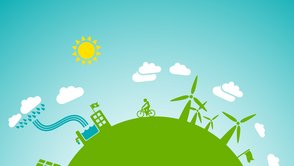 Grünes, gemaltes Bild einer Erde mit Symbolen für erneuerbare Energien und Fahrrad, nachhaltiges Leben