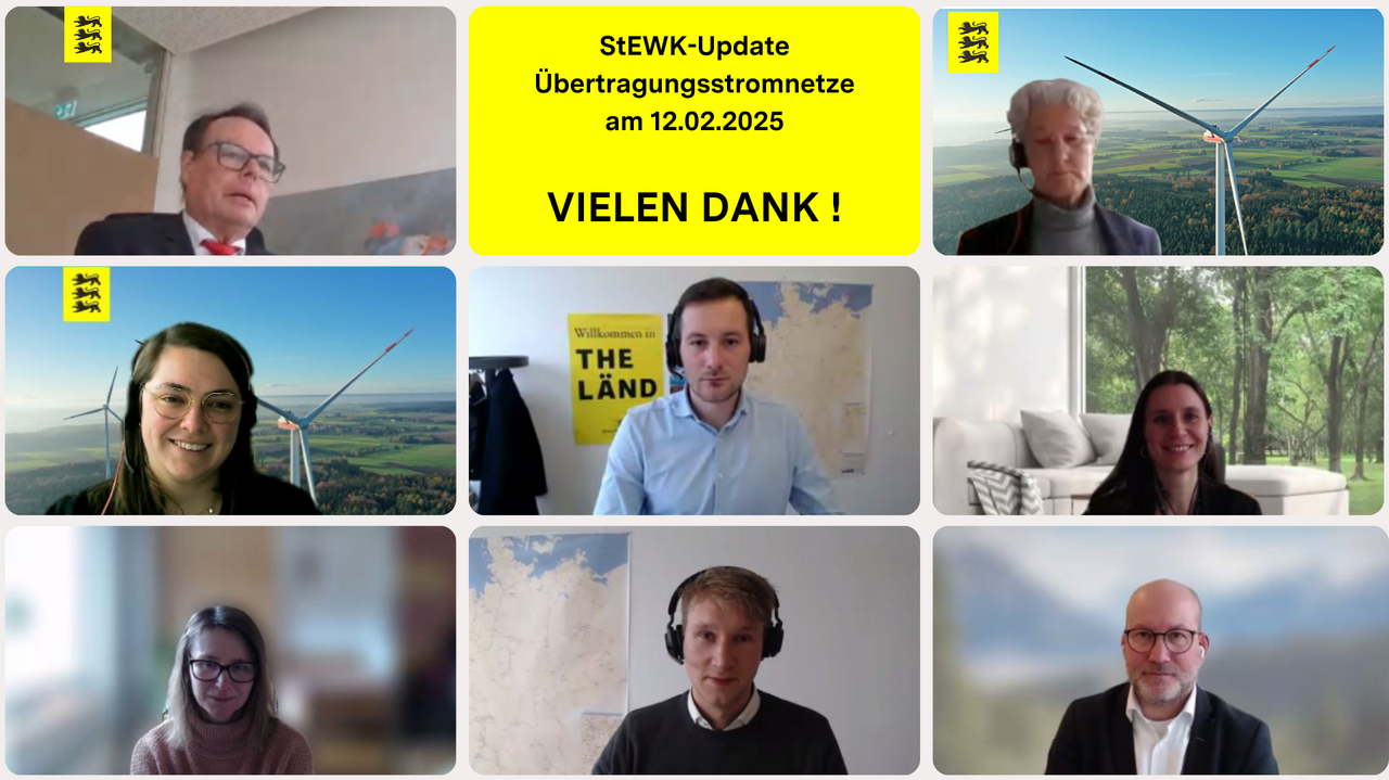 Das Foto zeigt einen Screenshot von dem Webex-Meeting StEWK-Update Übertragungsstromnetze; man sieht 8 Personen auf einem Bildschirm