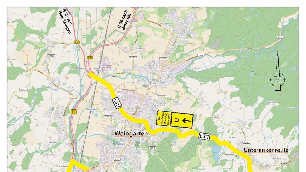 Umleitungsskizze für den überörtlichen Verkehr B 32 bei der Erneuerung der Hauptwasserleitung und Fahrbahndeckenerneuerung in der Ortsdurchfahrt Ravensburg