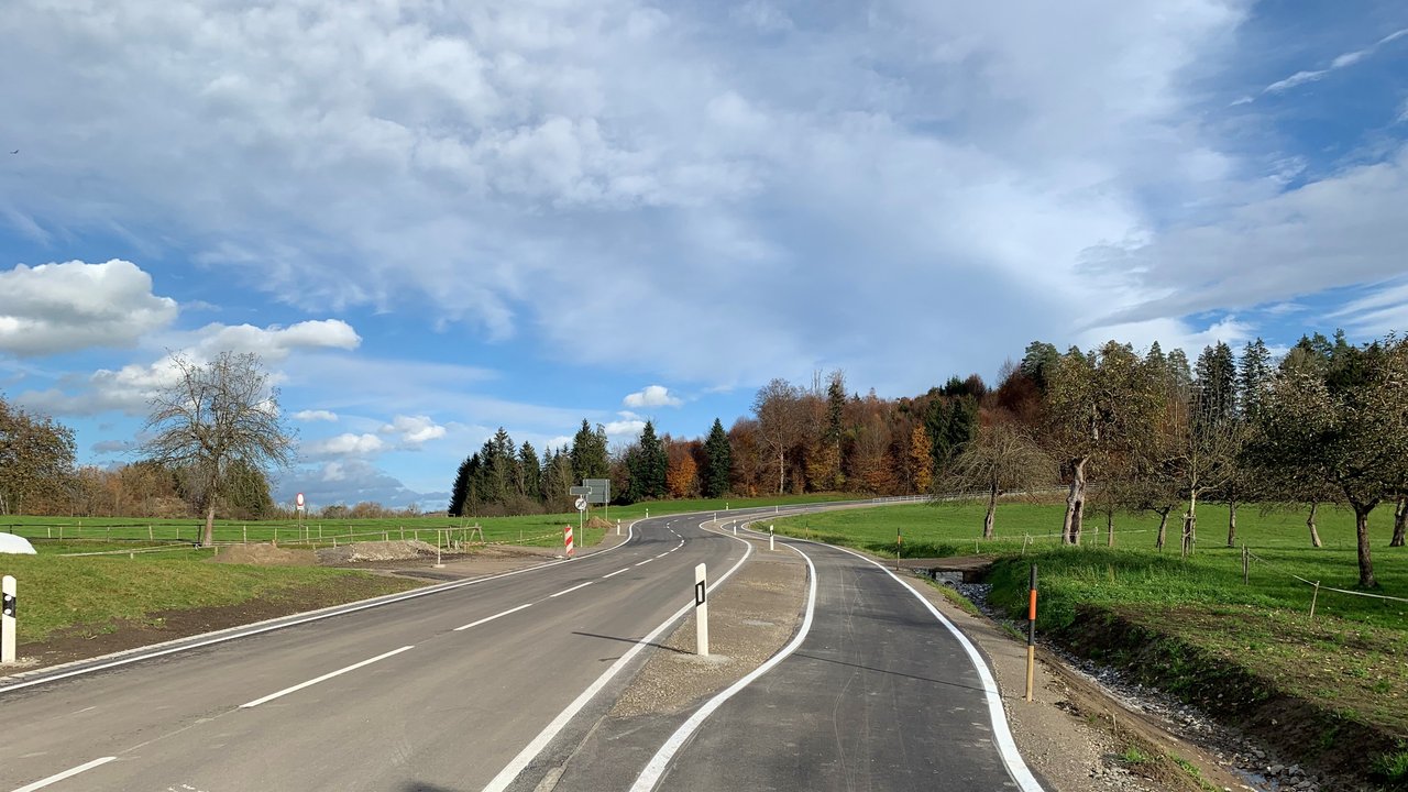 Blick auf die L 333 zwischen Pflegelberg und Primisweiler; rechts ein straßenbegleitender Radweg; Wald im Hintergrund