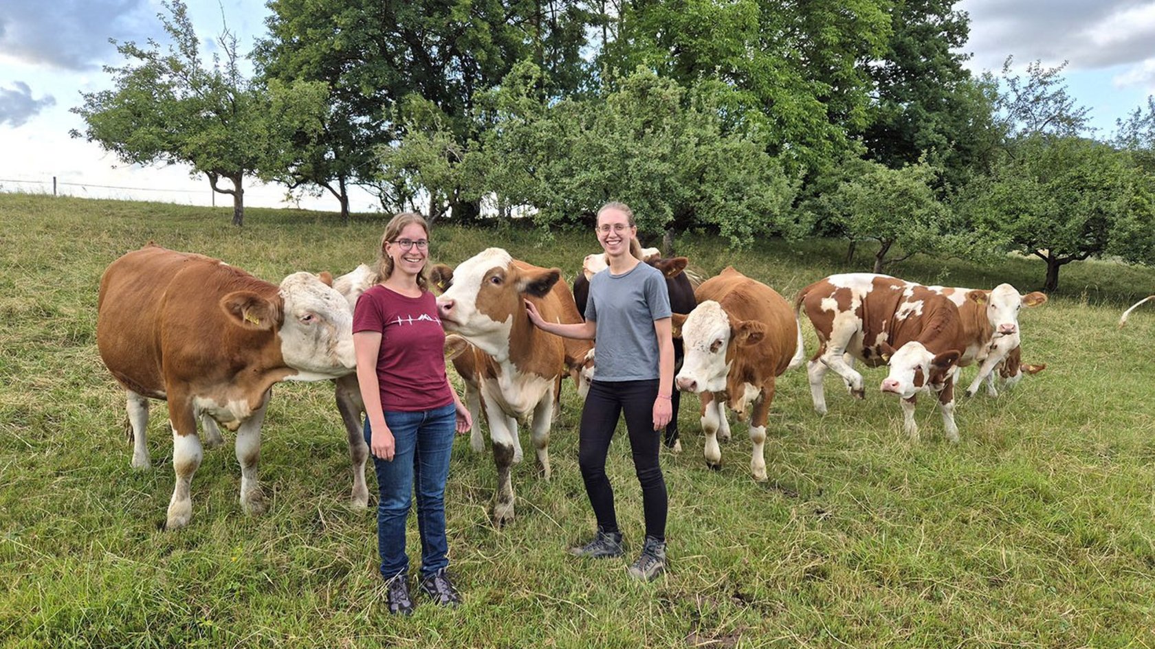 Bild Team Tierwohl Dr. Miriam Knauer und Anna Sulz auf einer Kuhweide mit braunen Kühen mit Bäumen im Hintergrund