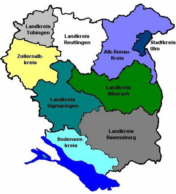 Landkarte des Regierungsbezirks Tübingen mit farbig markierten Landkreisen