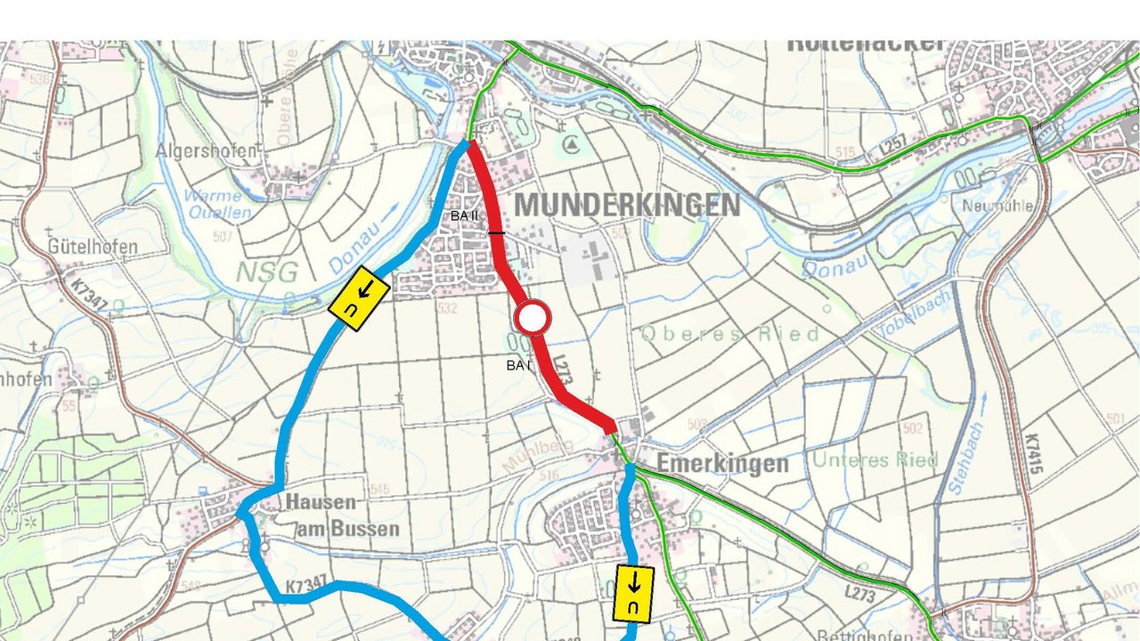 Das Bild zeigt den Lageplan mit Umleitungseinzeichnungen L 273 Emerkingen - Munderkingen