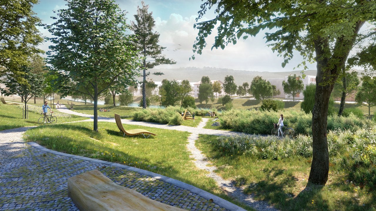 Das Bild zeigt Bäume, Grünflächen, eine Liegebank, Wege, Sträucher, zwei Radfahrer, Kinderspielplatz, spielende Kinder