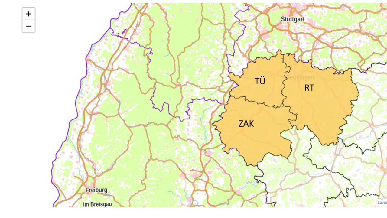 Kartenausschnitt Landkreise TÜ, RT und ZAK