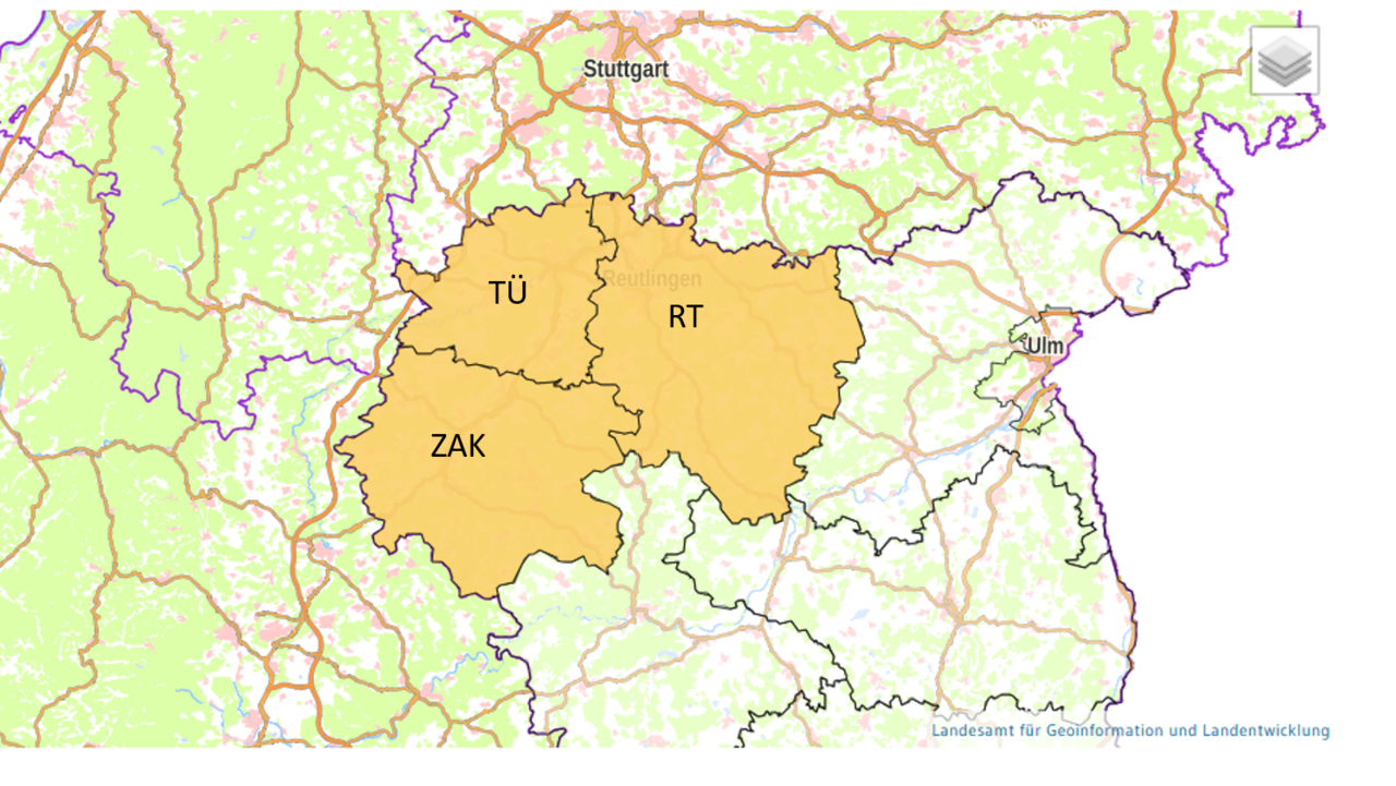 Kartenausschnitt Landkreise TÜ, RT und ZAK