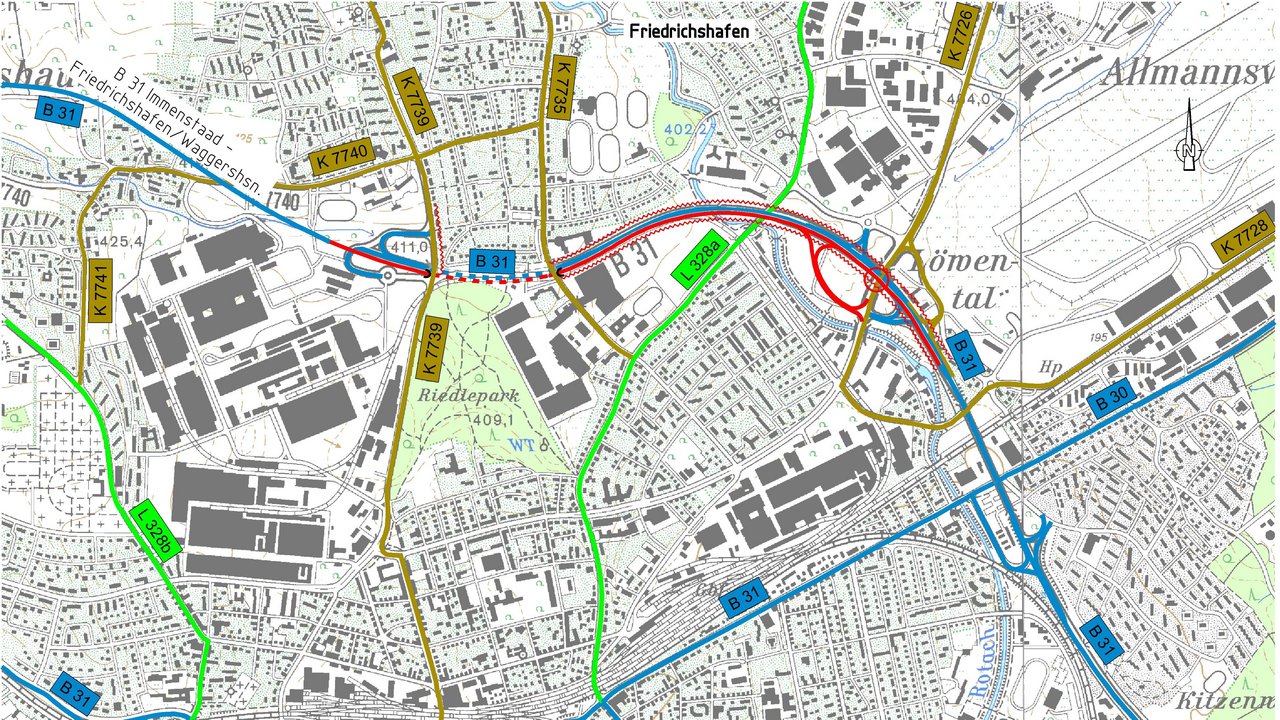 Übersichtslageplan Ausbau der B 31 zwischen dem Tunnel Waggershausen und dem Löwenknoten in Friedrichshafen